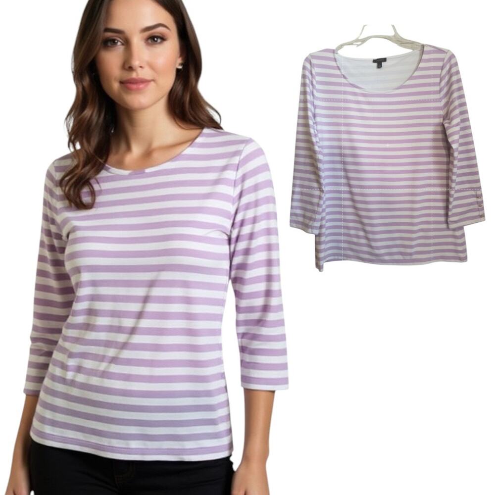 Talbots 3/4 Sleeve Top Women's Size S Lavender White Striped Stretch Knit Tee